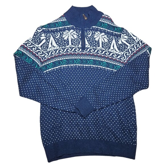 Southern Tide Quarter Zip Sweater S Blue Fair Isle Nautical Holiday Wool Alpaca - Picture 1 of 11